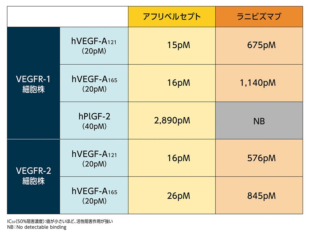 抗VEGF薬のVEGF-VEGF受容体結合の阻害作用(IC5o, in vitro) 抗VEGF薬のVEGF-VEGF受容体結合の阻害作用(IC5o, in vitro)