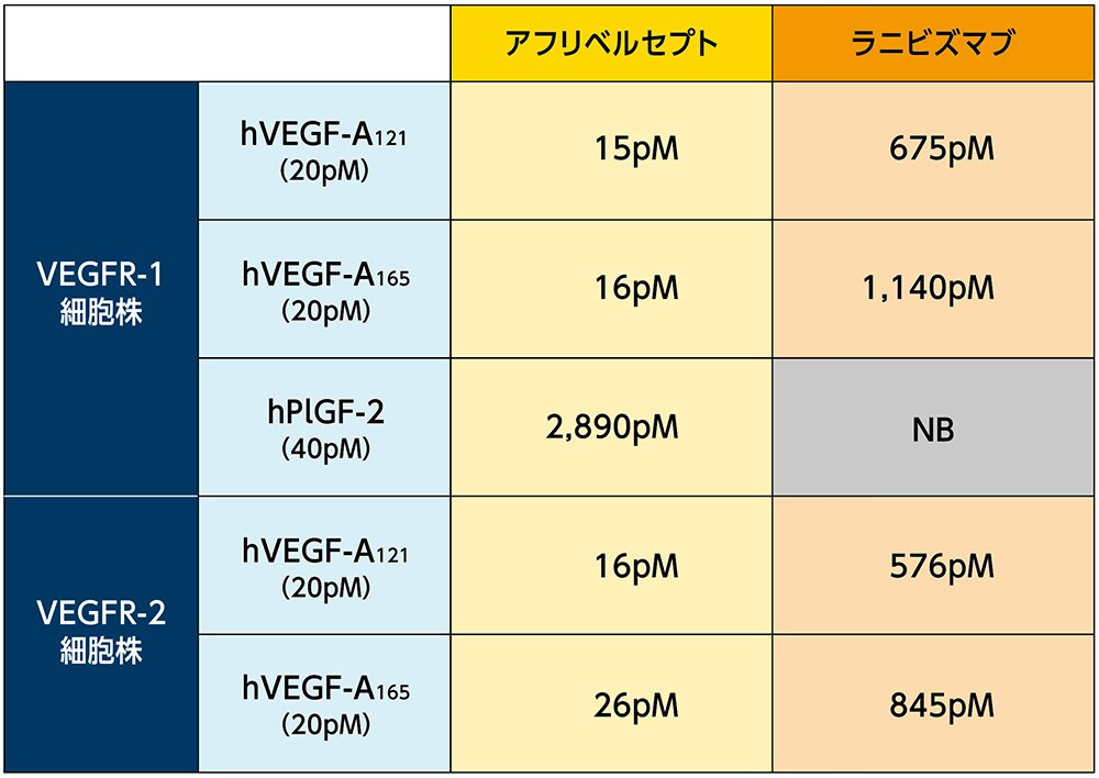 抗VEGF薬のVEGF-VEGF受容体結合の阻害作用(IC50, in vitro) 抗VEGF薬のVEGF-VEGF受容体結合の阻害作用(IC50, in vitro)