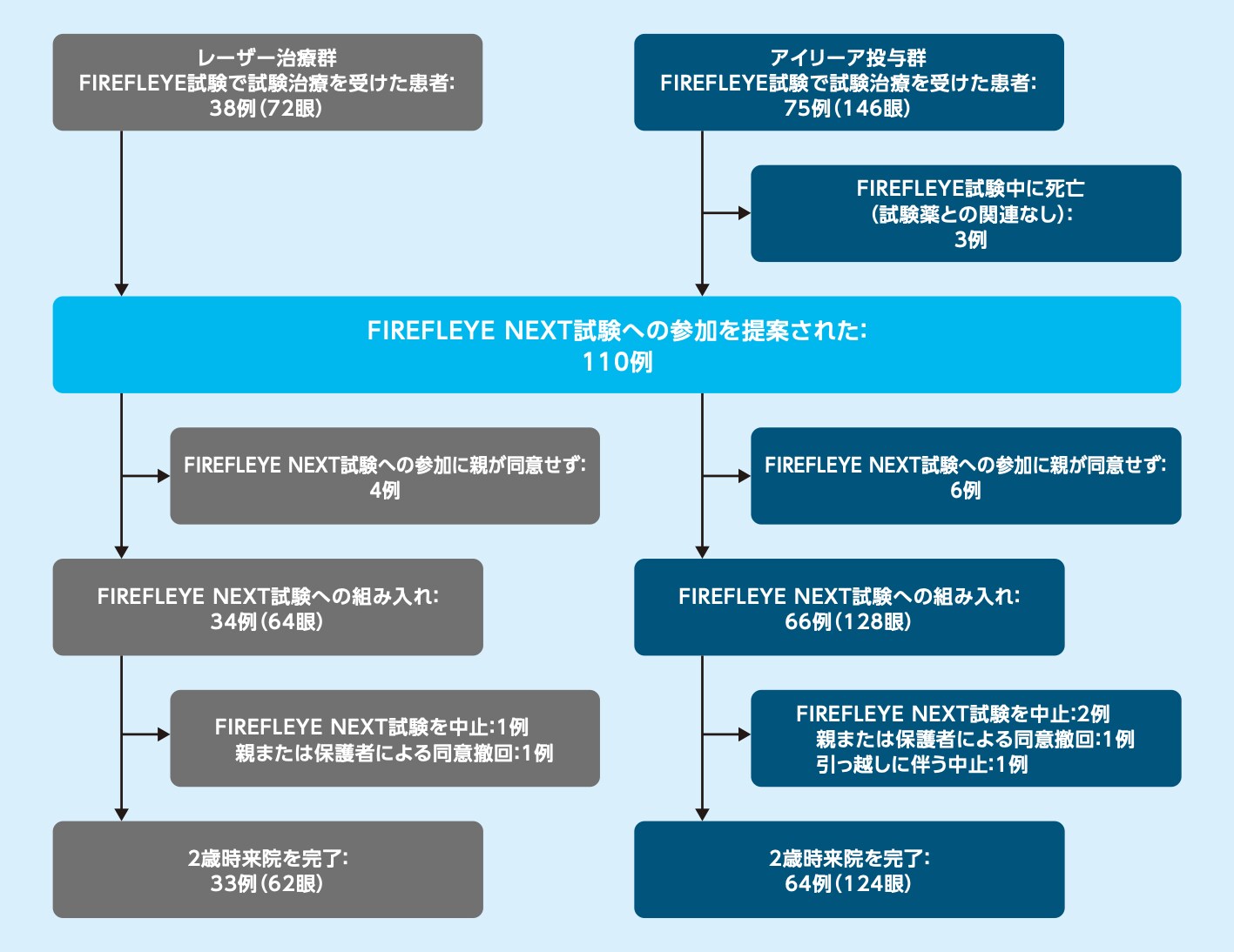 FIREFLEYE NEXT試験［中間解析、2歳時］：試験対象例数と各群の患者の内訳の図